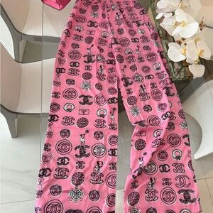 CHANEL Pink Graphic Wide Leg Pants